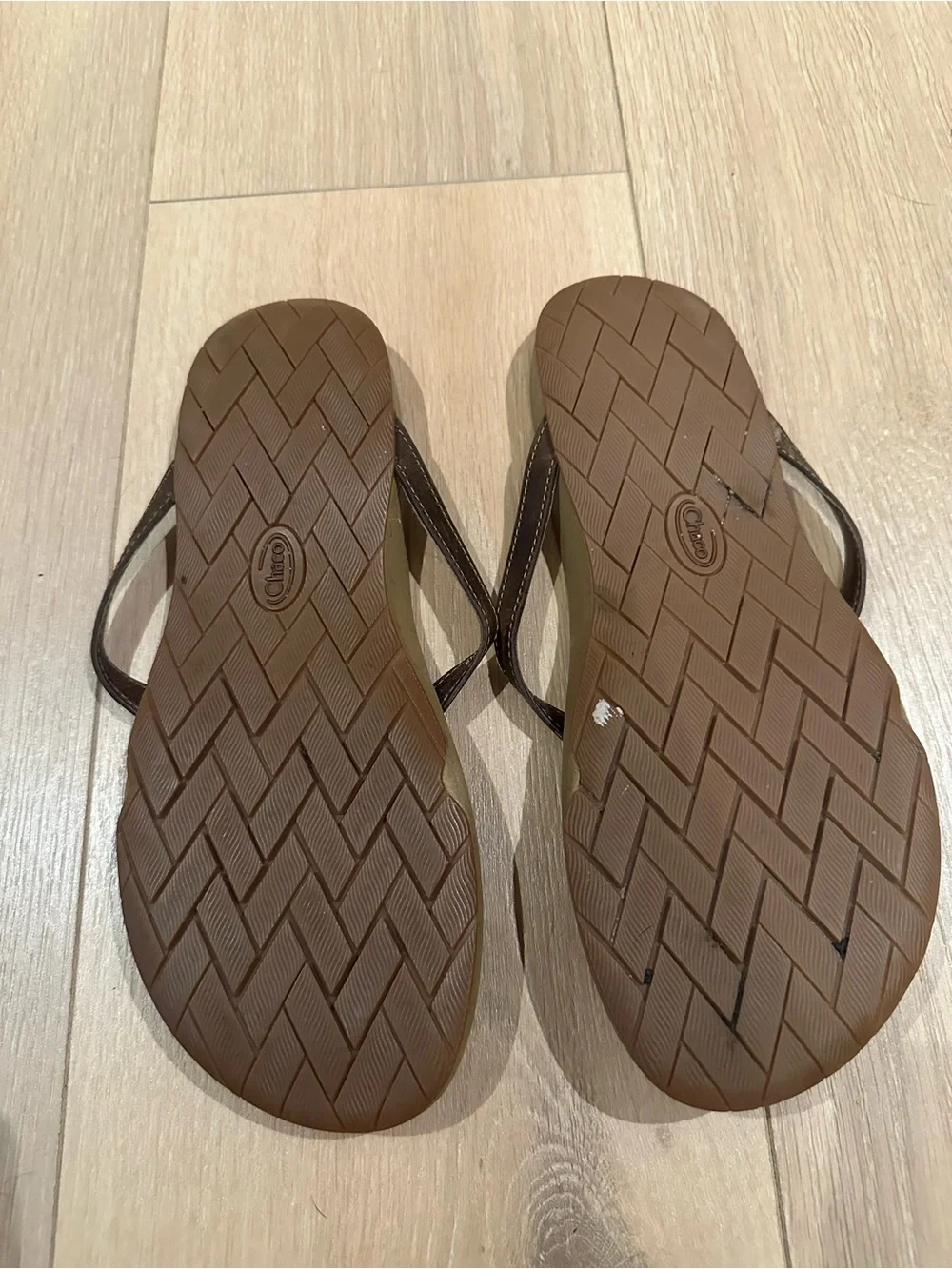 Chaco Biza Women's Leather Flip Flops - Brown & Turquoise Trim Thong Sandals